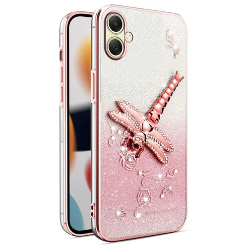 KADEM For Samsung Galaxy A06 4G Case Dragonfly Kickstand TPU Flowers Glitter Phone Cover - Pink - 1