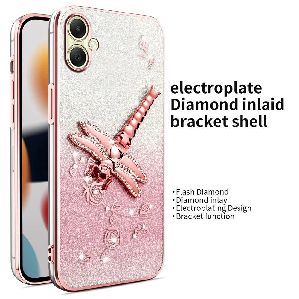 KADEM For Samsung Galaxy A06 4G Case Dragonfly Kickstand TPU Flowers Glitter Phone Cover - Pink - 2