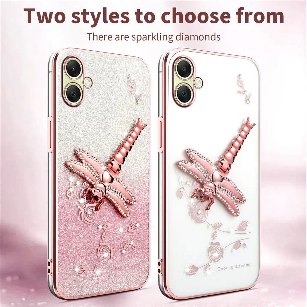 KADEM For Samsung Galaxy A06 4G Case Dragonfly Kickstand TPU Flowers Glitter Phone Cover - Pink - 3