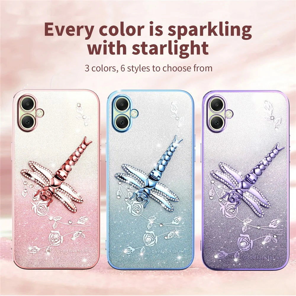 KADEM For Samsung Galaxy A06 4G Case Dragonfly Kickstand TPU Flowers Glitter Phone Cover - Pink - 6