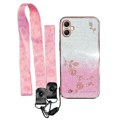KADEM For Samsung Galaxy A06 4G Case Flower Pattern TPU Gradient Phone Cover with Lanyards - Rose Gold - 1