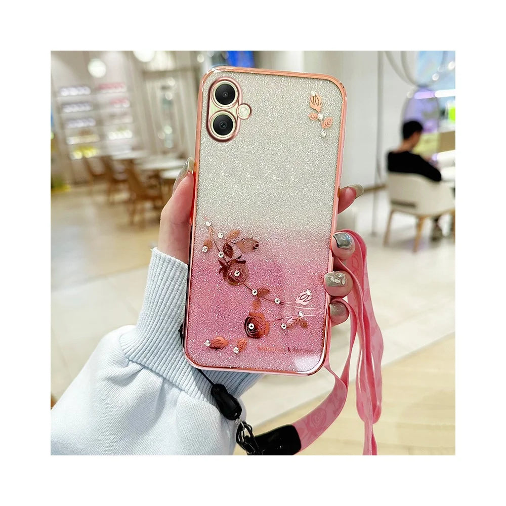 KADEM For Samsung Galaxy A06 4G Case Flower Pattern TPU Gradient Phone Cover with Lanyards - Rose Gold - 2