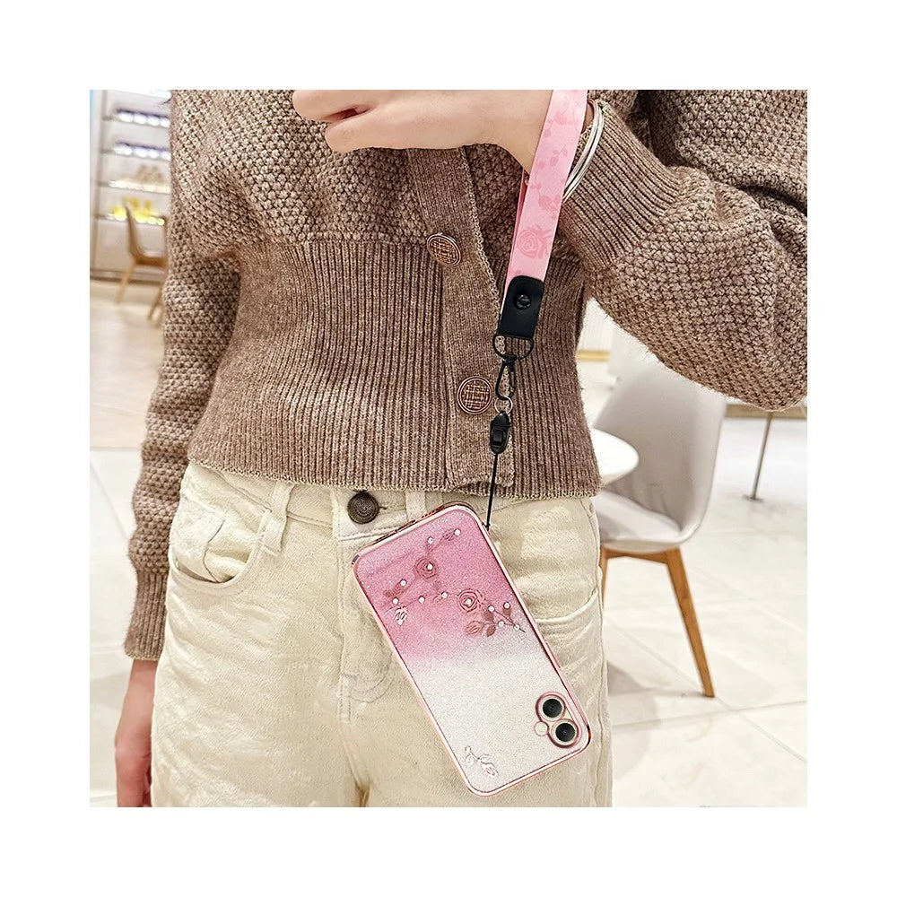 KADEM For Samsung Galaxy A06 4G Case Flower Pattern TPU Gradient Phone Cover with Lanyards - Rose Gold - 3
