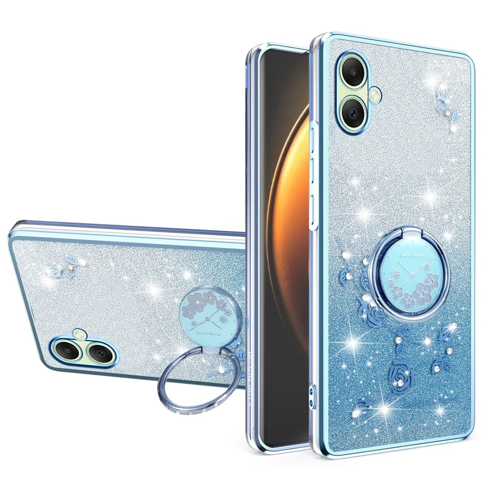 KADEM For Samsung Galaxy A08 5G / A08 4G / A07 4G Case Ring Kickstand TPU Flowers Phone Cover Gradient Glitter - Blue - 1