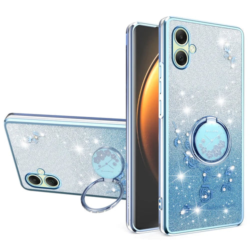 KADEM For Samsung Galaxy A08 5G / A08 4G / A07 4G Case Ring Kickstand TPU Flowers Phone Cover Gradient Glitter - Blue - 1
