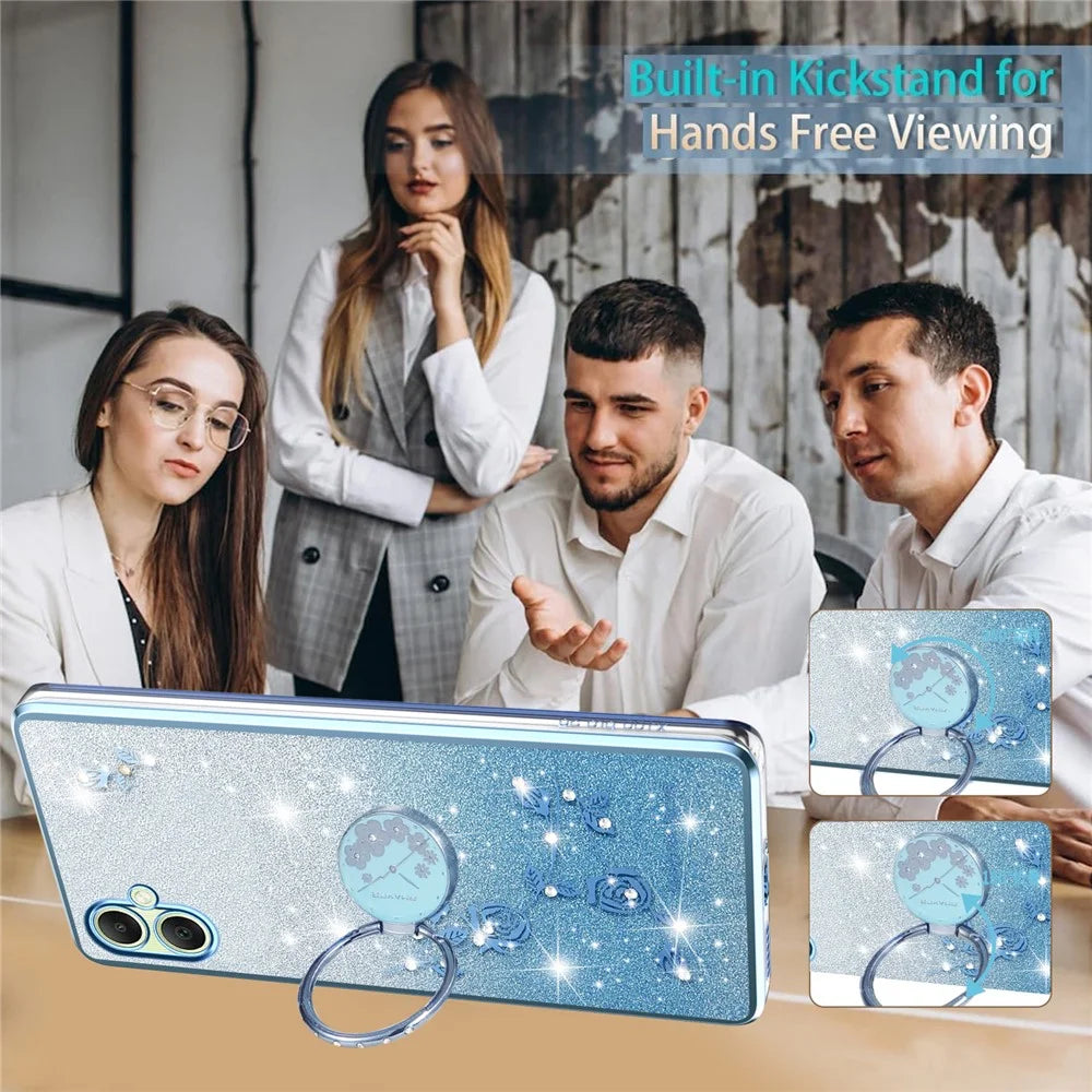 KADEM For Samsung Galaxy A08 5G / A08 4G / A07 4G Case Ring Kickstand TPU Flowers Phone Cover Gradient Glitter - Blue - 3