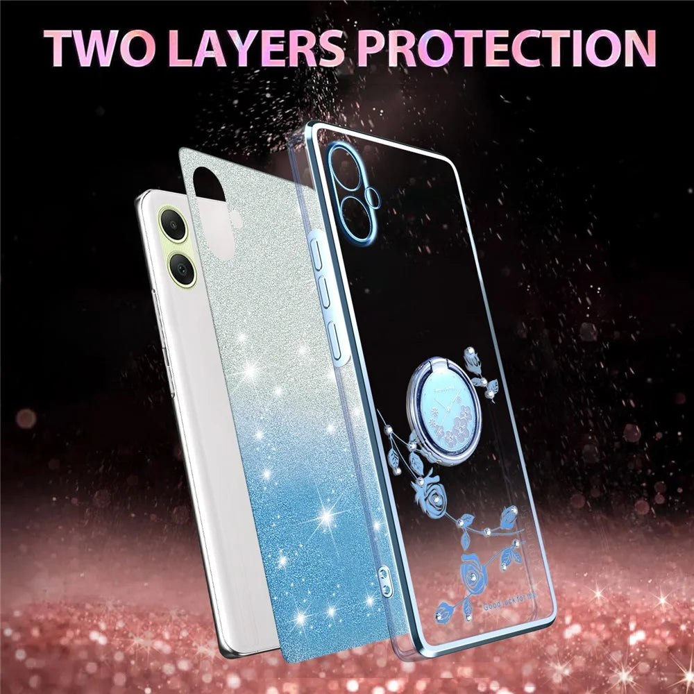 KADEM For Samsung Galaxy A08 5G / A08 4G / A07 4G Case Ring Kickstand TPU Flowers Phone Cover Gradient Glitter - Blue - 4
