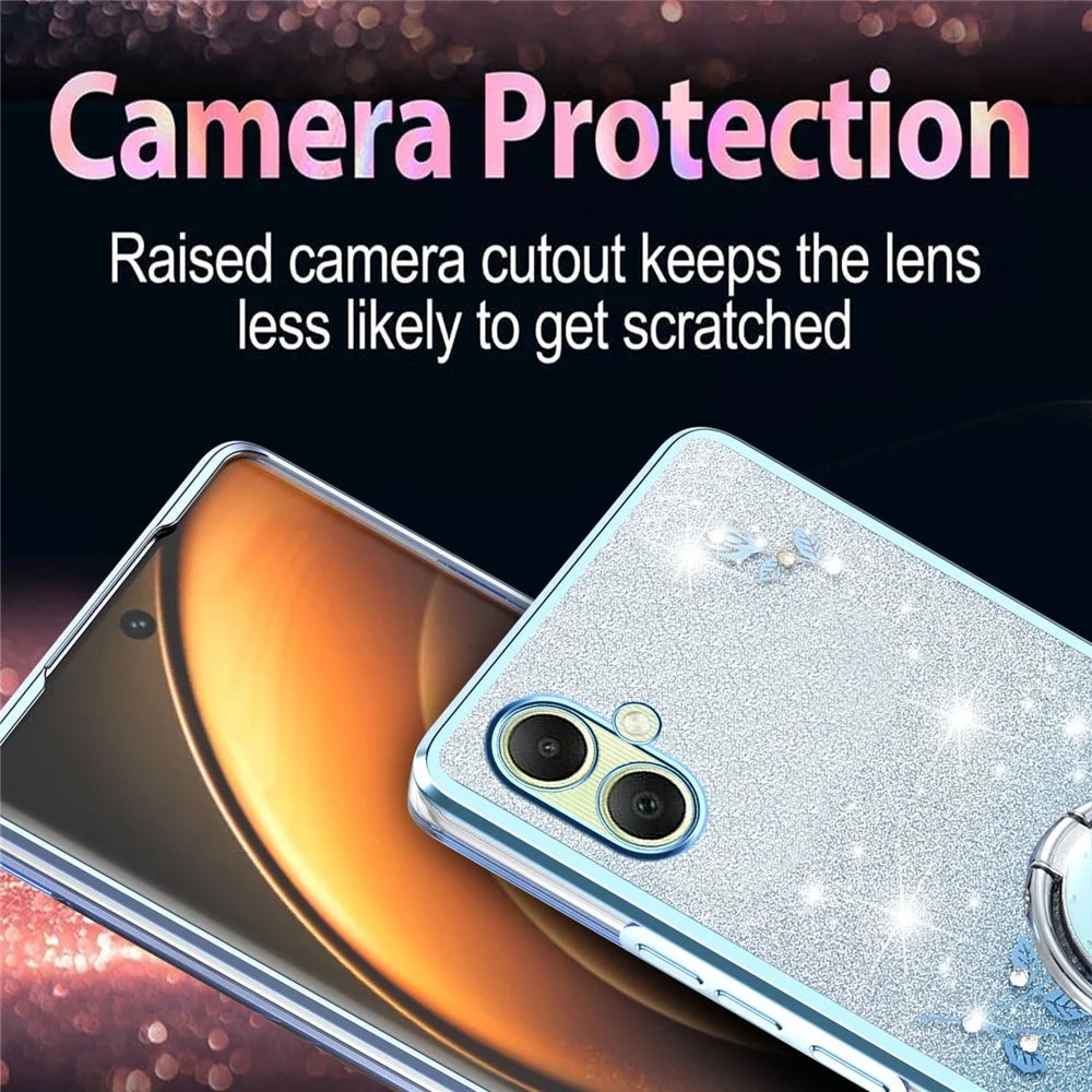 KADEM For Samsung Galaxy A08 5G / A08 4G / A07 4G Case Ring Kickstand TPU Flowers Phone Cover Gradient Glitter - Blue - 6
