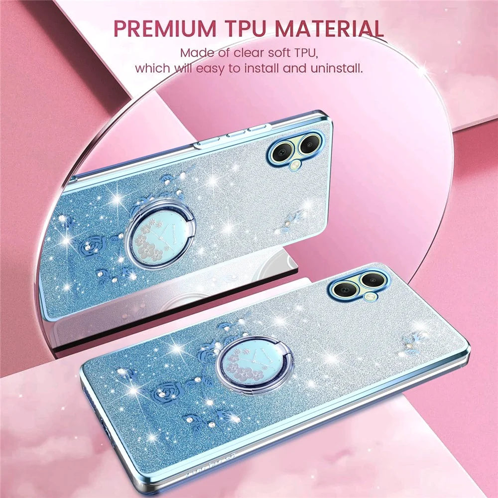 KADEM For Samsung Galaxy A08 5G / A08 4G / A07 4G Case Ring Kickstand TPU Flowers Phone Cover Gradient Glitter - Blue - 7