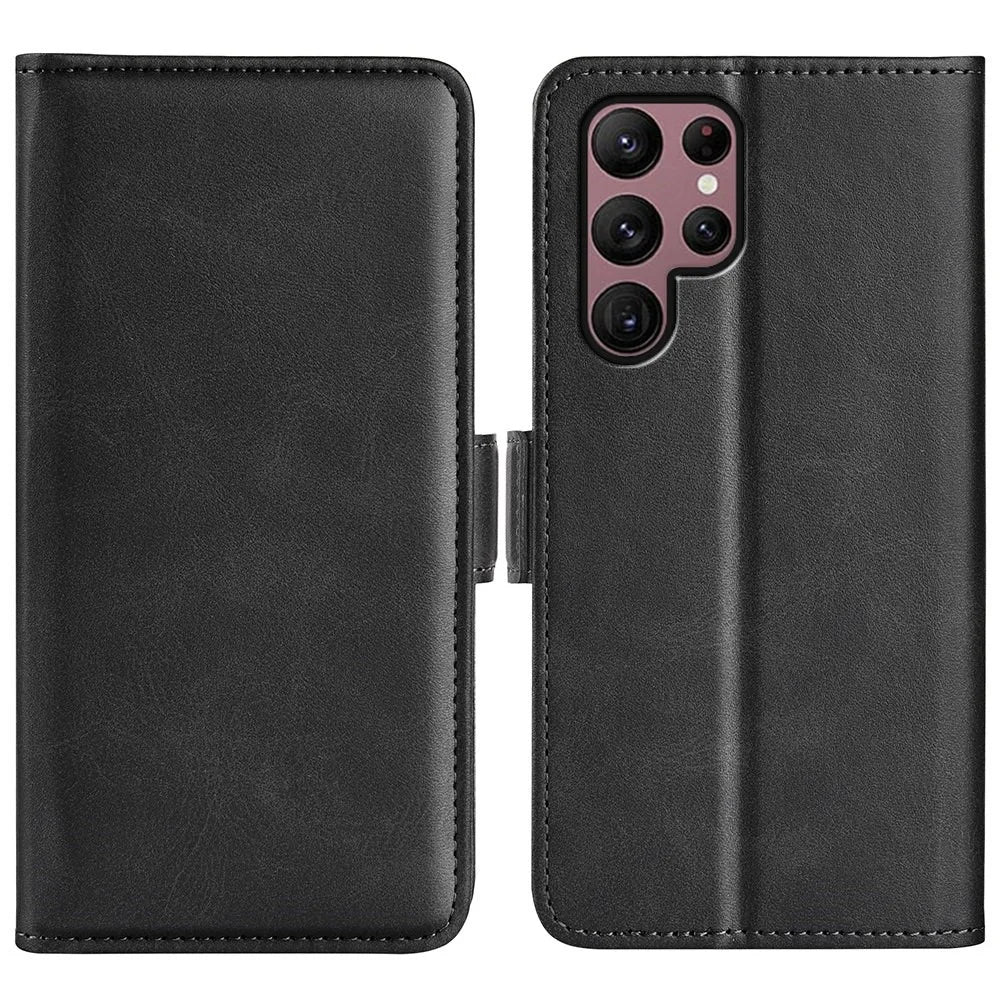 For Samsung Galaxy S23 Ultra Calf Texture PU Leather Dual Magnetic Clasp Phone Case Anti-scratch Stand Wallet Cover - Black - 1