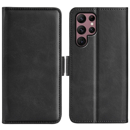 For Samsung Galaxy S23 Ultra Calf Texture PU Leather Dual Magnetic Clasp Phone Case Anti-scratch Stand Wallet Cover - Black - 1