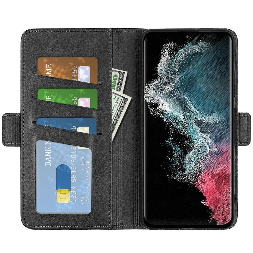 For Samsung Galaxy S23 Ultra Calf Texture PU Leather Dual Magnetic Clasp Phone Case Anti-scratch Stand Wallet Cover - Black - 2