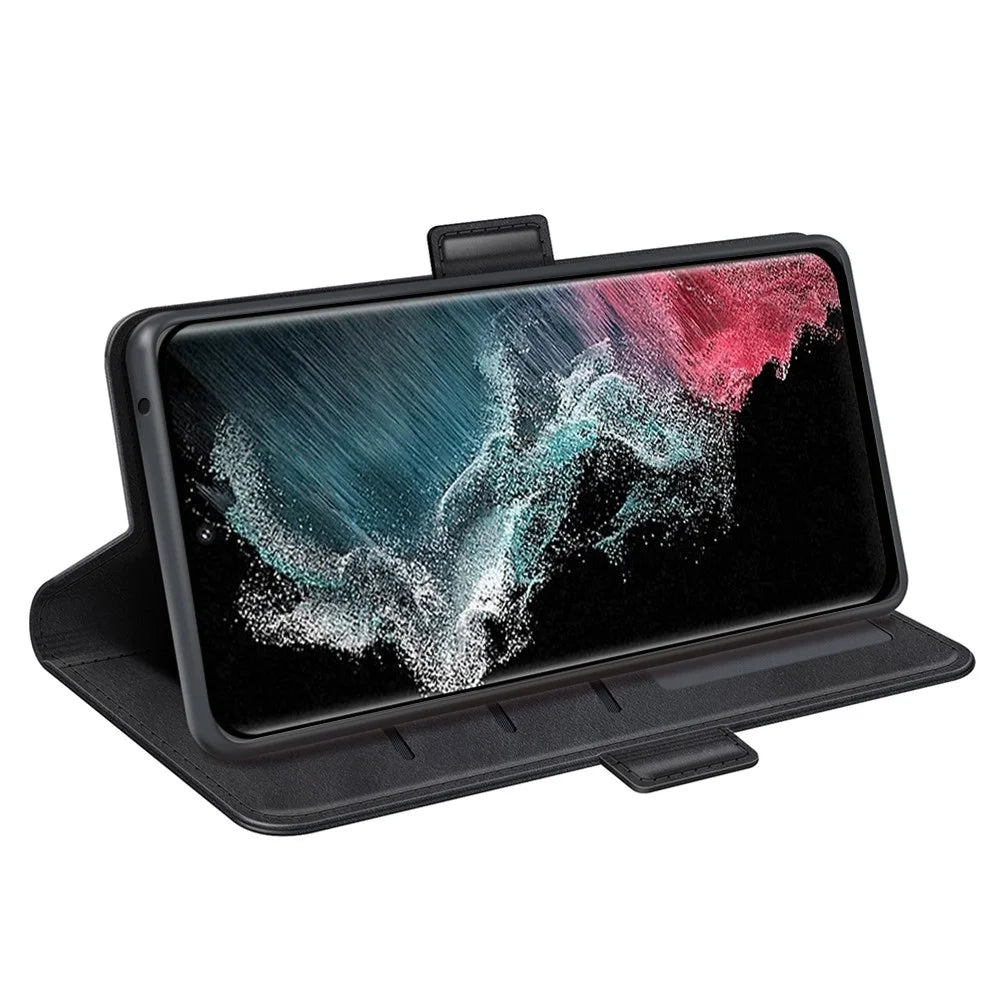 For Samsung Galaxy S23 Ultra Calf Texture PU Leather Dual Magnetic Clasp Phone Case Anti-scratch Stand Wallet Cover - Black - 3