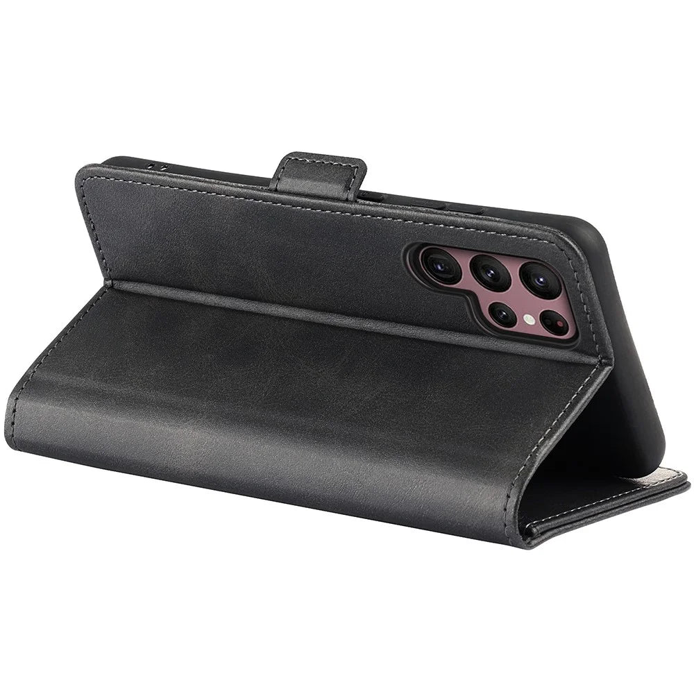 For Samsung Galaxy S23 Ultra Calf Texture PU Leather Dual Magnetic Clasp Phone Case Anti-scratch Stand Wallet Cover - Black - 4