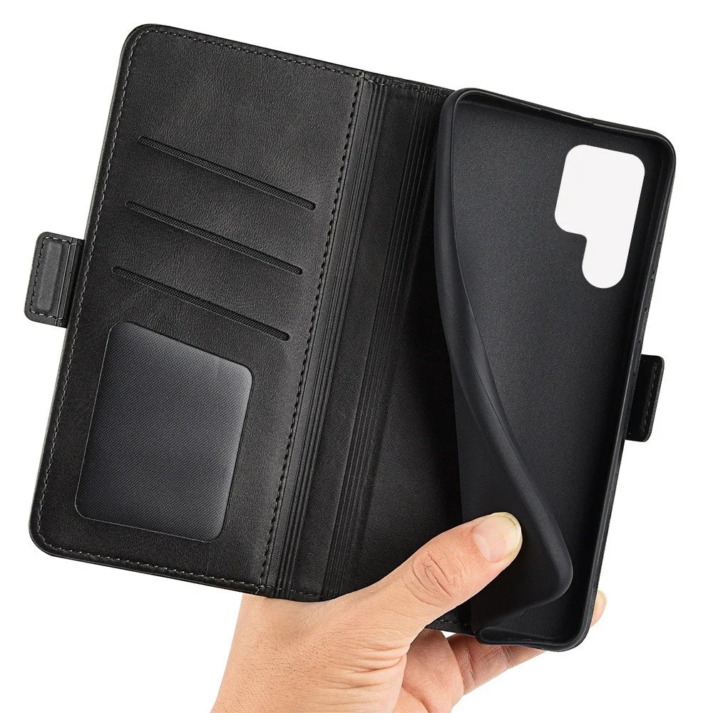 For Samsung Galaxy S23 Ultra Calf Texture PU Leather Dual Magnetic Clasp Phone Case Anti-scratch Stand Wallet Cover - Black - 5