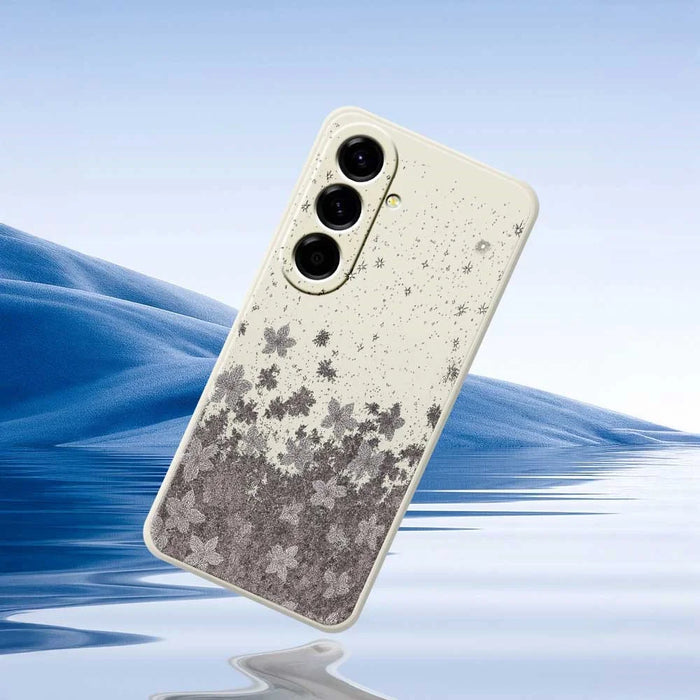 For Samsung Galaxy A56 5G Case Grey Flowers Pattern Printing Straight Edge TPU Phone Back Cover - Beige - 6