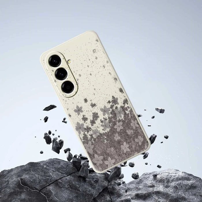 For Samsung Galaxy A56 5G Case Grey Flowers Pattern Printing Straight Edge TPU Phone Back Cover - Beige - 7