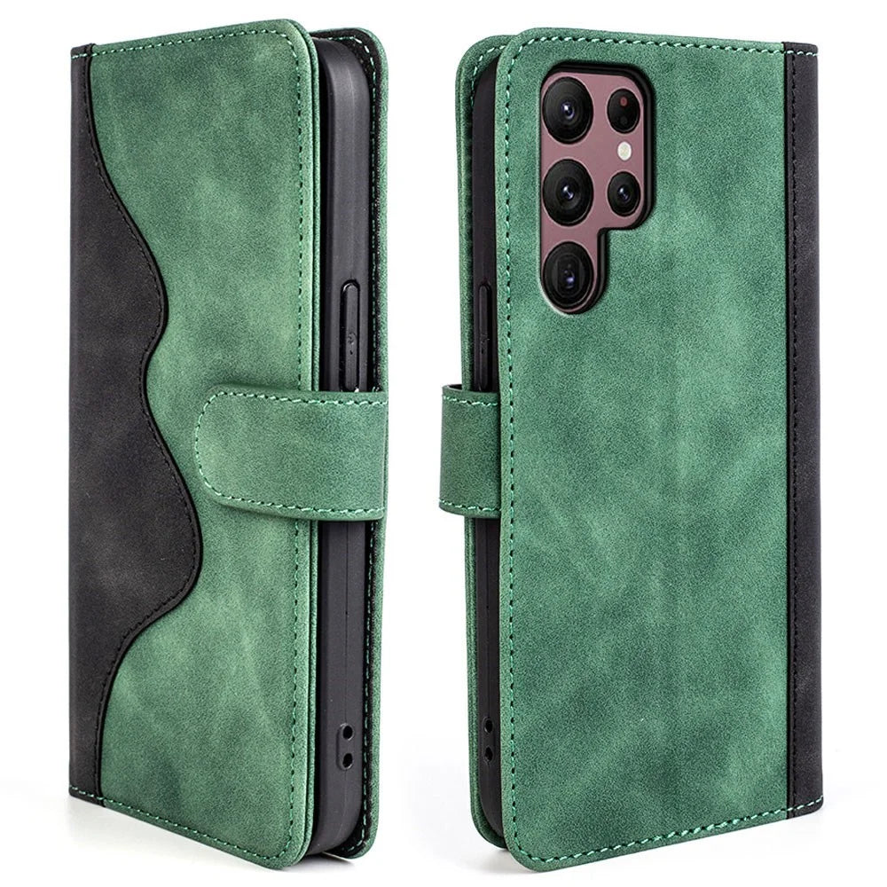 For Samsung Galaxy S23 Ultra PU Leather Stand Wallet Cover Color Splicing Magnetic Clasp Phone Case - Green - 1