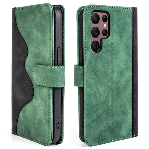 For Samsung Galaxy S23 Ultra PU Leather Stand Wallet Cover Color Splicing Magnetic Clasp Phone Case - Green - 1