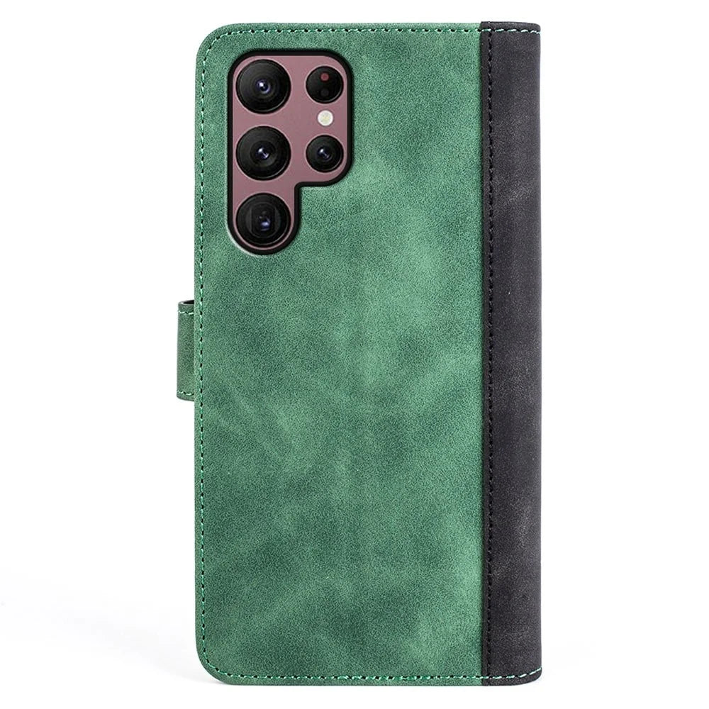 For Samsung Galaxy S23 Ultra PU Leather Stand Wallet Cover Color Splicing Magnetic Clasp Phone Case - Green - 7