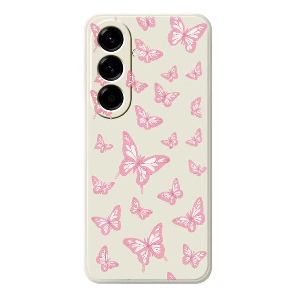 For Samsung Galaxy A56 5G Case Pink Butterflies Pattern Printing Straight Edge TPU Phone Back Cover - Beige - 1