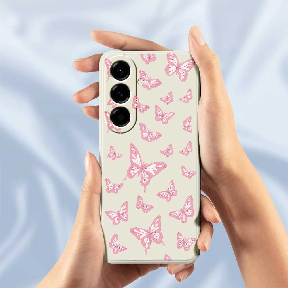 For Samsung Galaxy A56 5G Case Pink Butterflies Pattern Printing Straight Edge TPU Phone Back Cover - Beige - 5