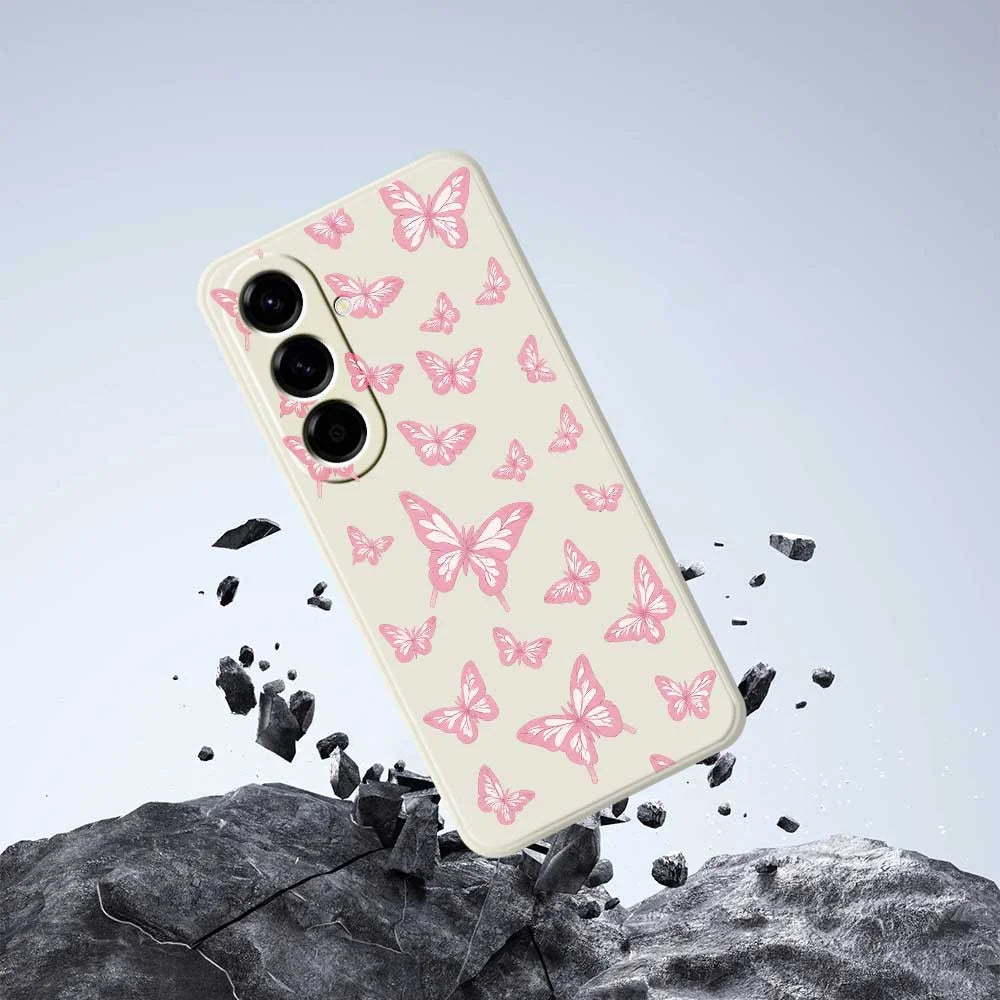 For Samsung Galaxy A56 5G Case Pink Butterflies Pattern Printing Straight Edge TPU Phone Back Cover - Beige - 6