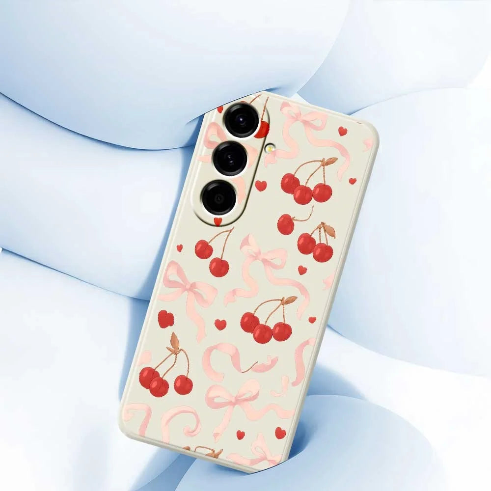 For Samsung Galaxy A56 5G Case Big Bow Cherry Pattern Printing Straight Edge TPU Phone Back Cover - Beige - 4