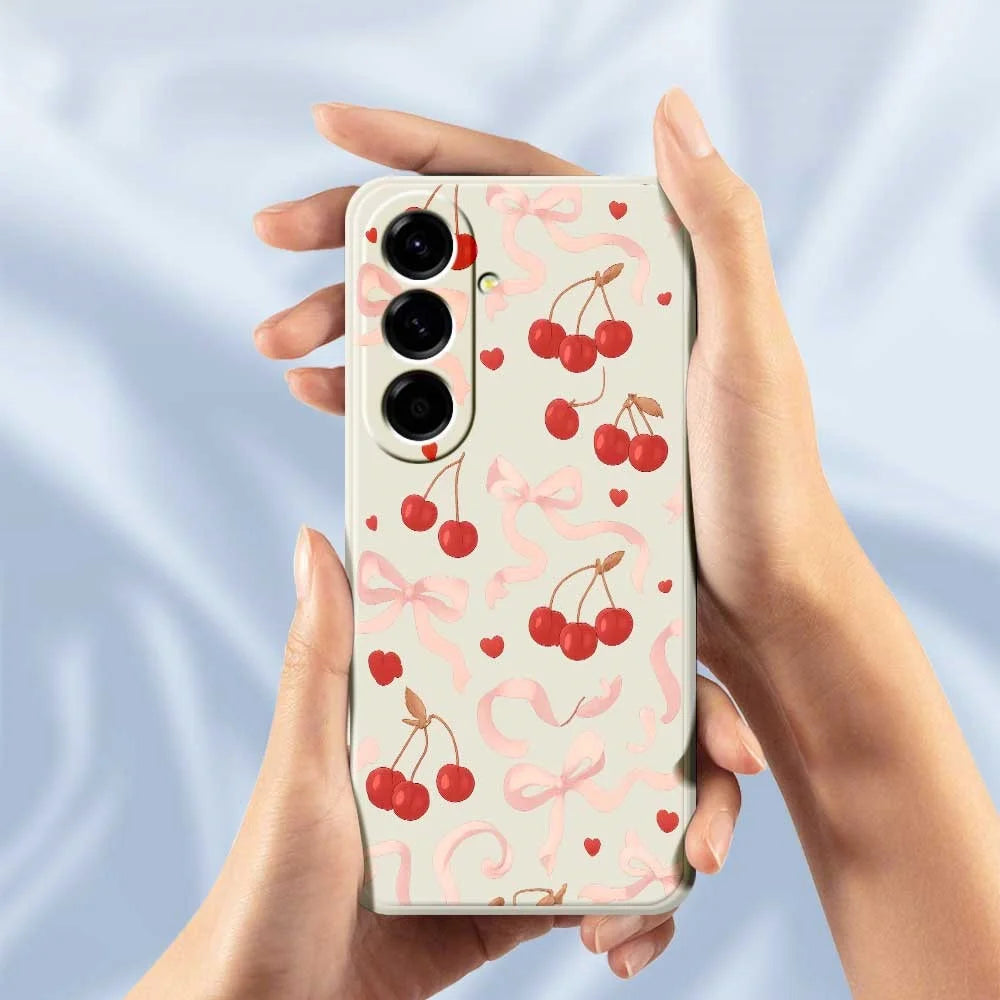 For Samsung Galaxy A56 5G Case Big Bow Cherry Pattern Printing Straight Edge TPU Phone Back Cover - Beige - 5