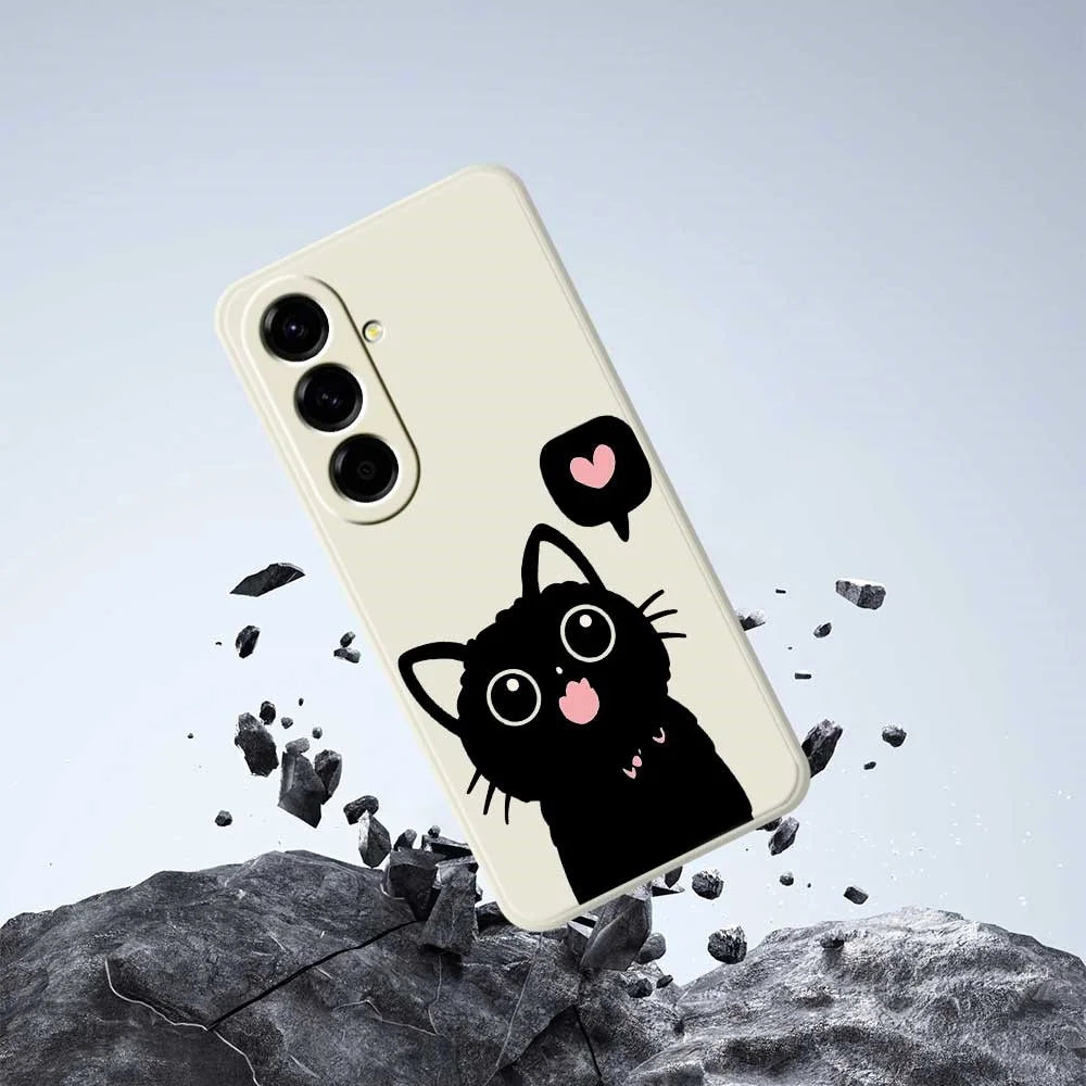 For Samsung Galaxy A56 5G Case Love Black Cat Pattern Printing Straight Edge TPU Phone Back Cover - Beige - 6