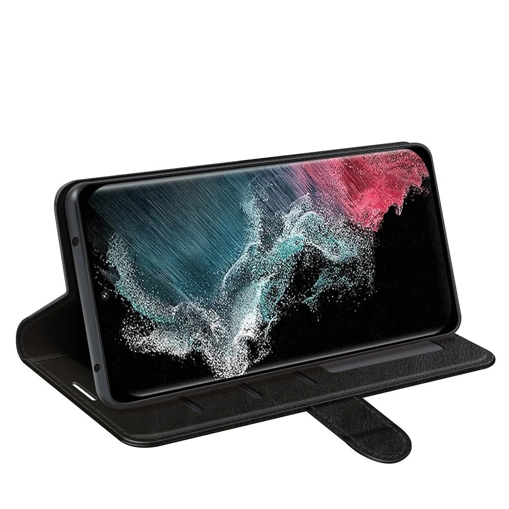 For Samsung Galaxy S23 Ultra PU Leather+TPU Phone Case Stand Wallet Crazy Horse Texture Shockproof Cell Phone Cover - Black - 3