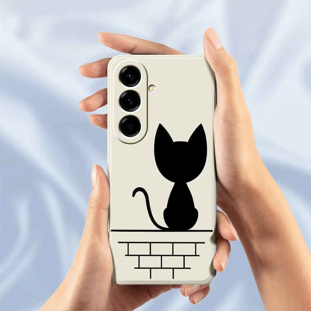 For Samsung Galaxy A56 5G Case Black Cat on the Wall Pattern Printing Straight Edge TPU Phone Back Cover - Beige - 5