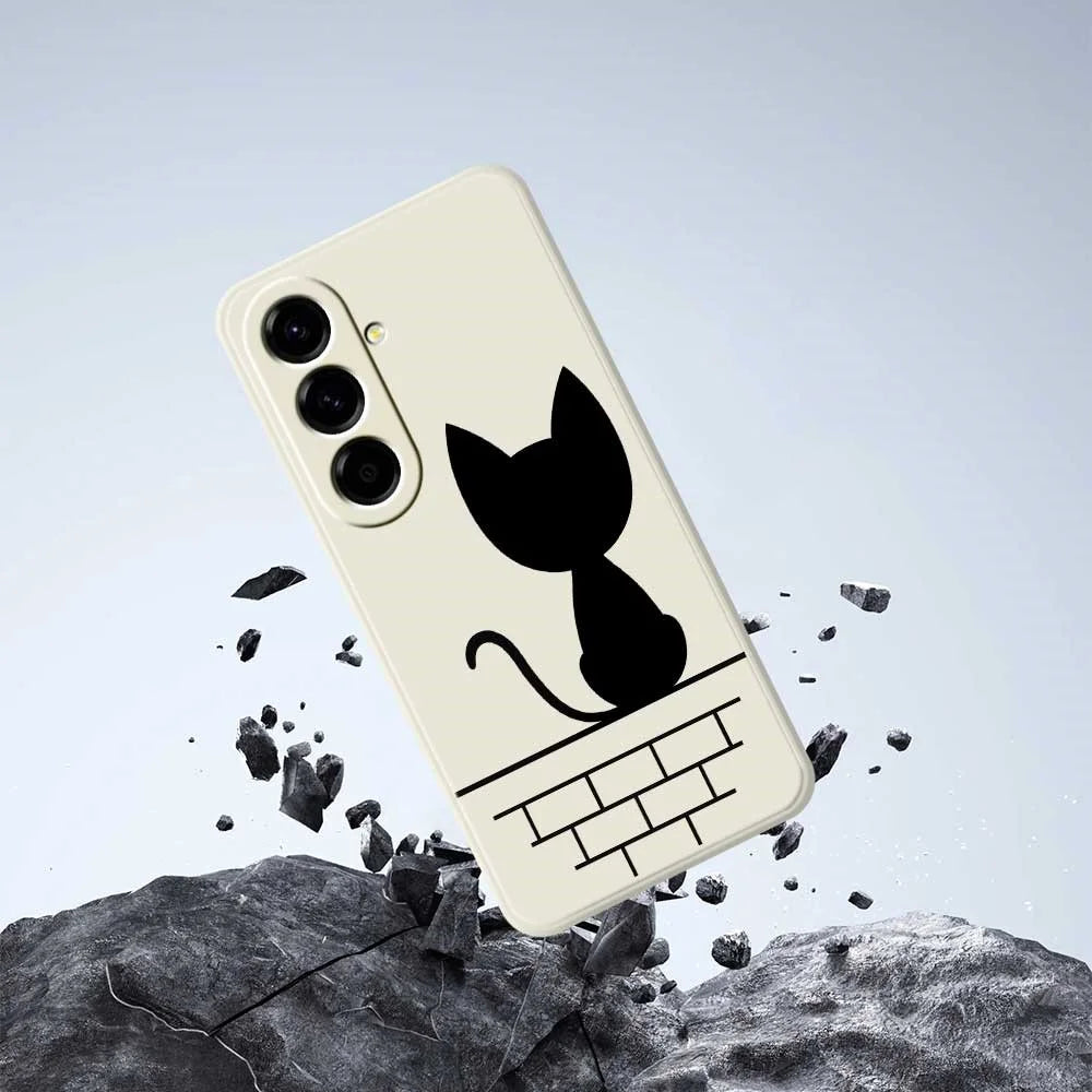 For Samsung Galaxy A56 5G Case Black Cat on the Wall Pattern Printing Straight Edge TPU Phone Back Cover - Beige - 6