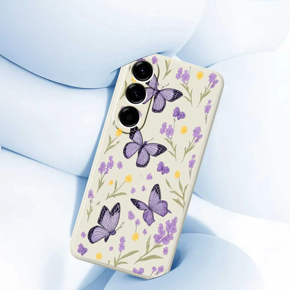 For Samsung Galaxy A56 5G Case Purple Butterflies Pattern Printing Straight Edge TPU Phone Back Cover - Beige - 4