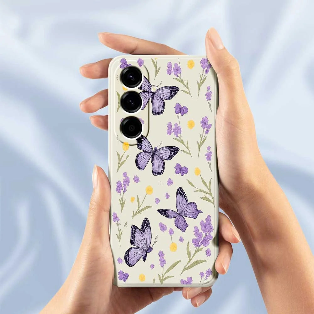 For Samsung Galaxy A56 5G Case Purple Butterflies Pattern Printing Straight Edge TPU Phone Back Cover - Beige - 5