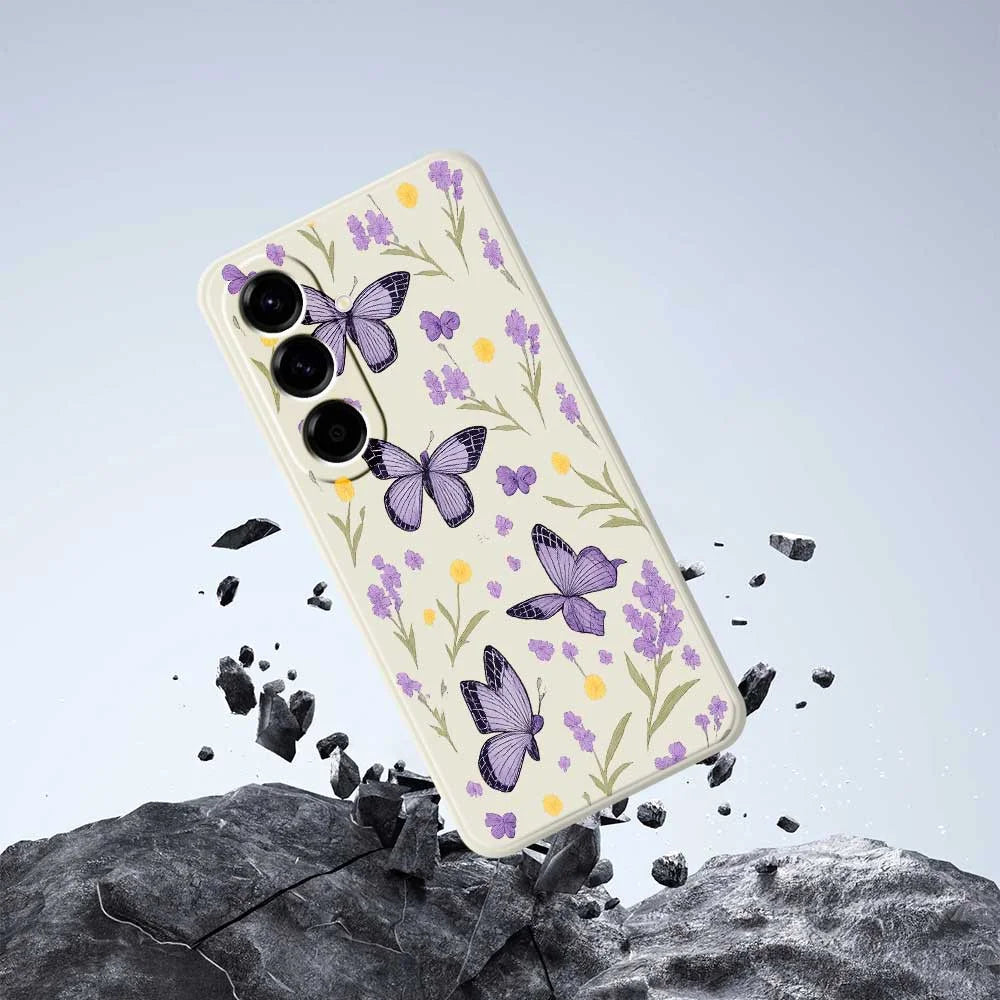 For Samsung Galaxy A56 5G Case Purple Butterflies Pattern Printing Straight Edge TPU Phone Back Cover - Beige - 6