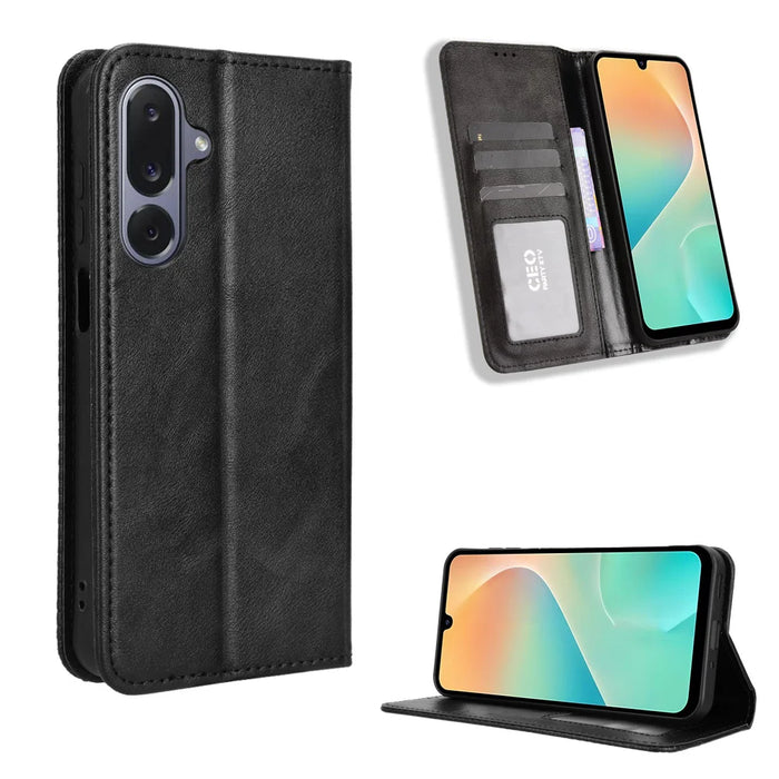 For Samsung Galaxy M36 5G Leather Case Wallet Stand Retro Texture Phone Cover - Black - 1