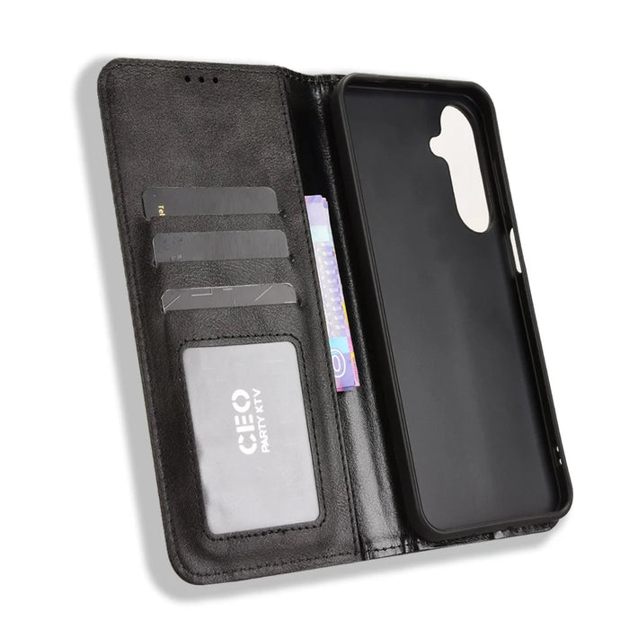 For Samsung Galaxy M36 5G Leather Case Wallet Stand Retro Texture Phone Cover - Black - 5