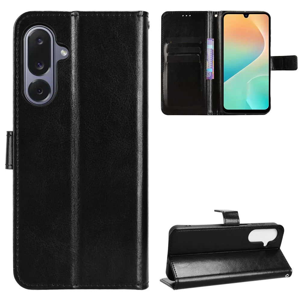 For Samsung Galaxy M36 5G PU Leather Case with Strap Crazy Horse Texture Phone Wallet Cover - Black - 1