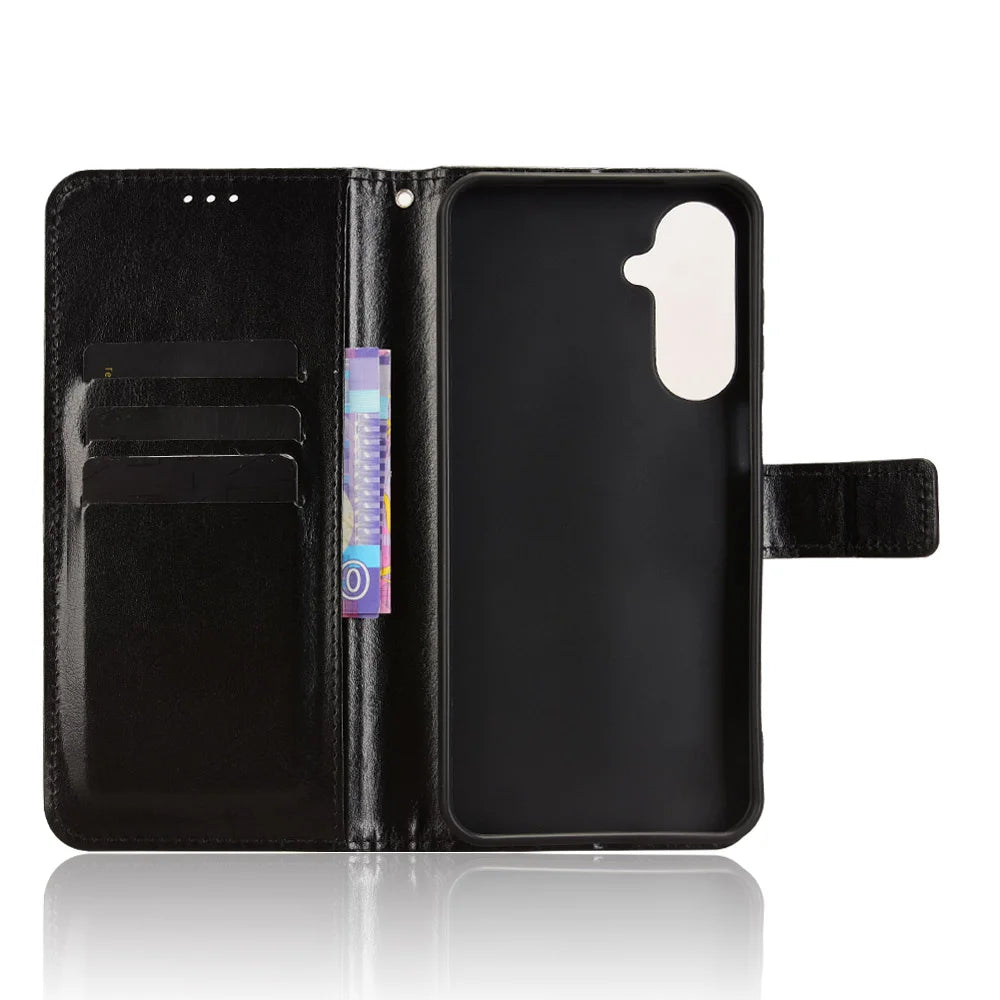 For Samsung Galaxy M36 5G PU Leather Case with Strap Crazy Horse Texture Phone Wallet Cover - Black - 4
