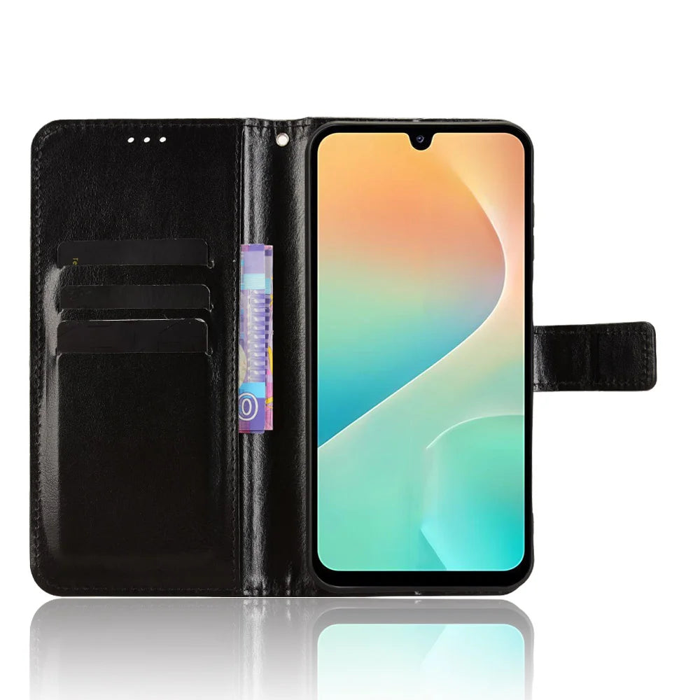 For Samsung Galaxy M36 5G PU Leather Case with Strap Crazy Horse Texture Phone Wallet Cover - Black - 5