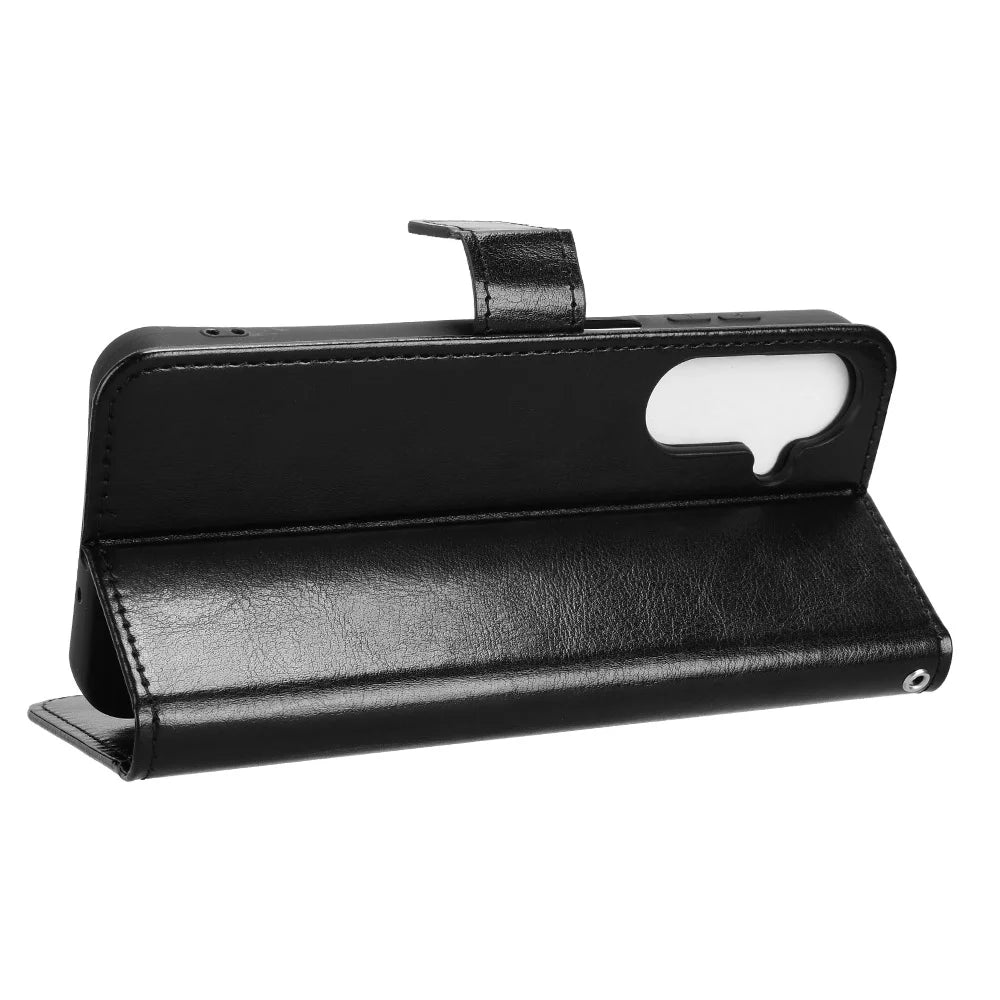 For Samsung Galaxy M36 5G PU Leather Case with Strap Crazy Horse Texture Phone Wallet Cover - Black - 6