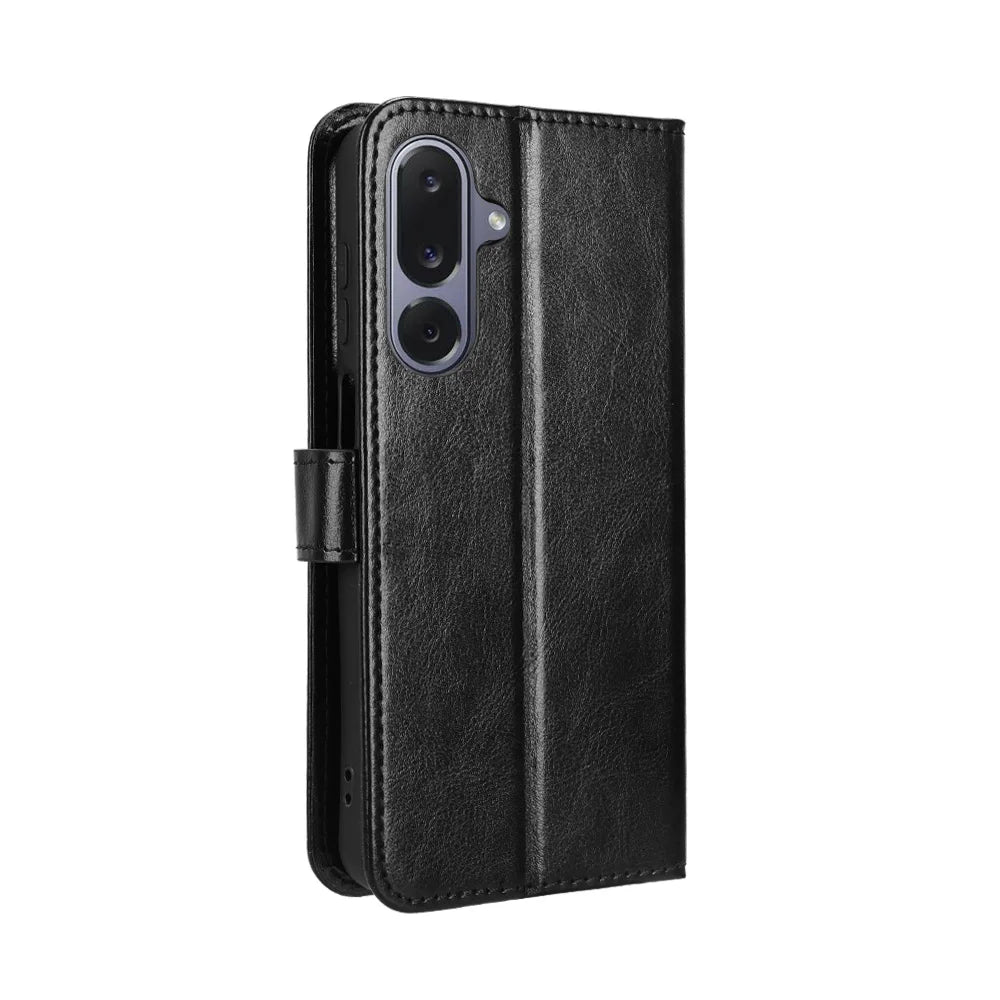 For Samsung Galaxy M36 5G PU Leather Case with Strap Crazy Horse Texture Phone Wallet Cover - Black - 7