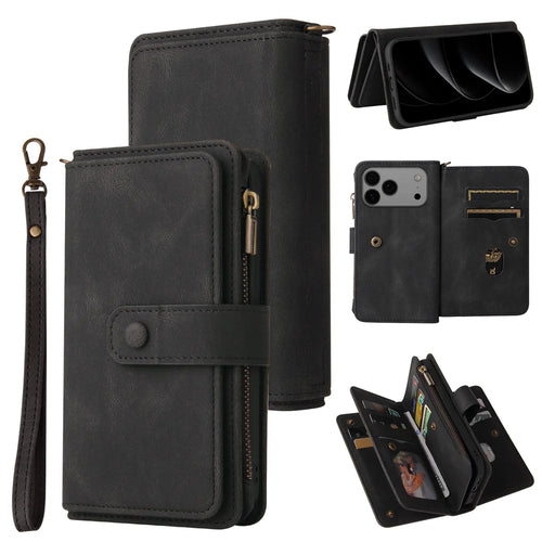 For iPhone 18 Pro Max / 17 Pro Max Zipper Wallet Case with 15 Card Slots and Strap Leather Phone Cover - Black - 1