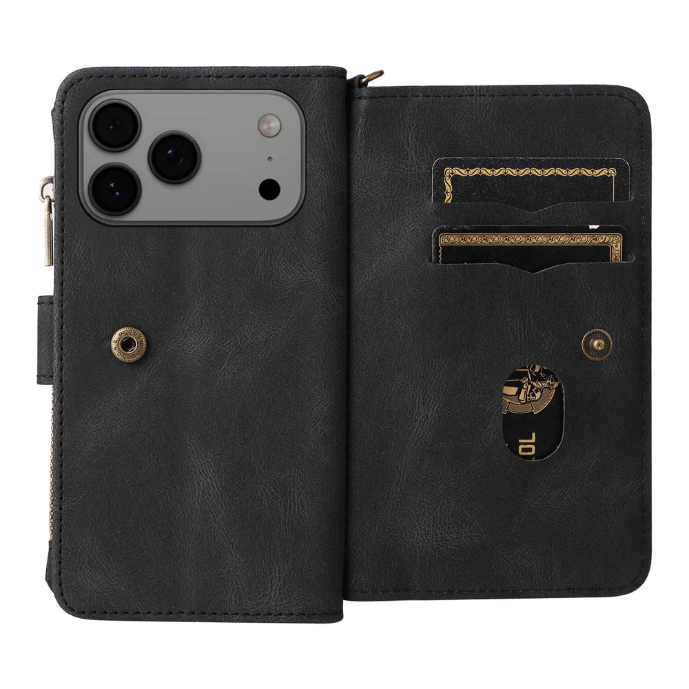 For iPhone 18 Pro Max / 17 Pro Max Zipper Wallet Case with 15 Card Slots and Strap Leather Phone Cover - Black - 2