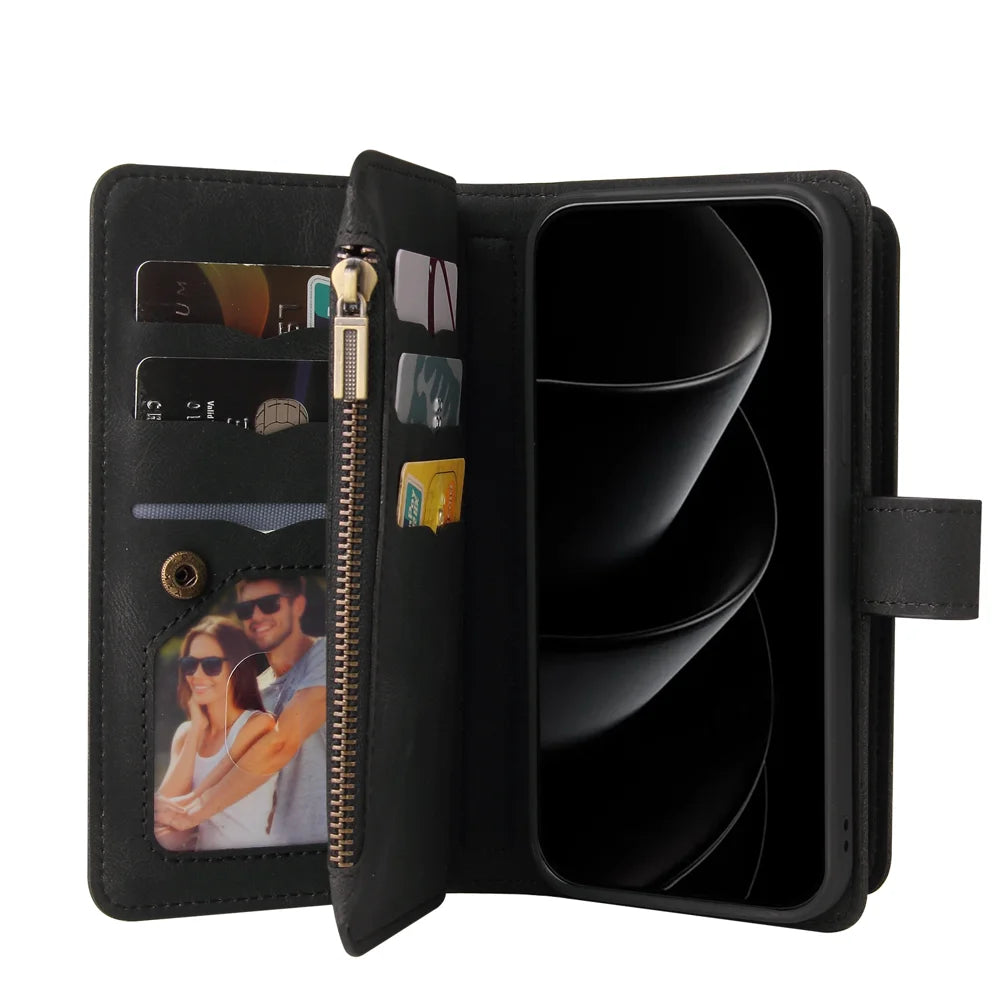 For iPhone 18 Pro Max / 17 Pro Max Zipper Wallet Case with 15 Card Slots and Strap Leather Phone Cover - Black - 3