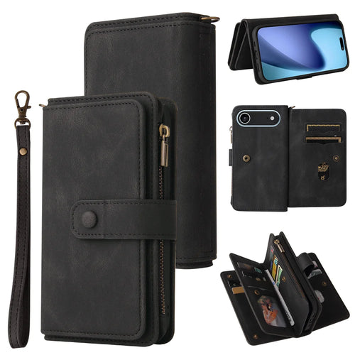 For iPhone Air Zipper Wallet Case with 15 Card Slots and Strap Leather Phone Cover - Black - 1