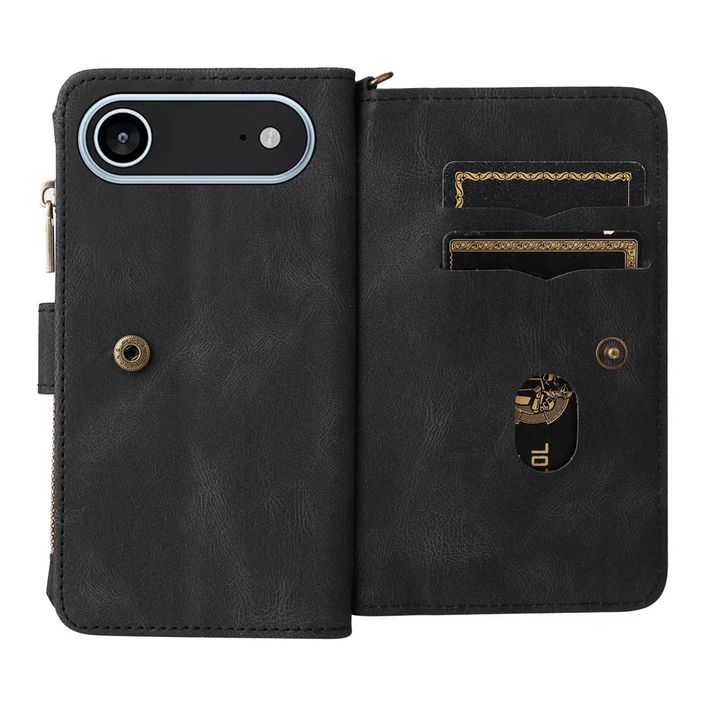 For iPhone Air Zipper Wallet Case with 15 Card Slots and Strap Leather Phone Cover - Black - 2