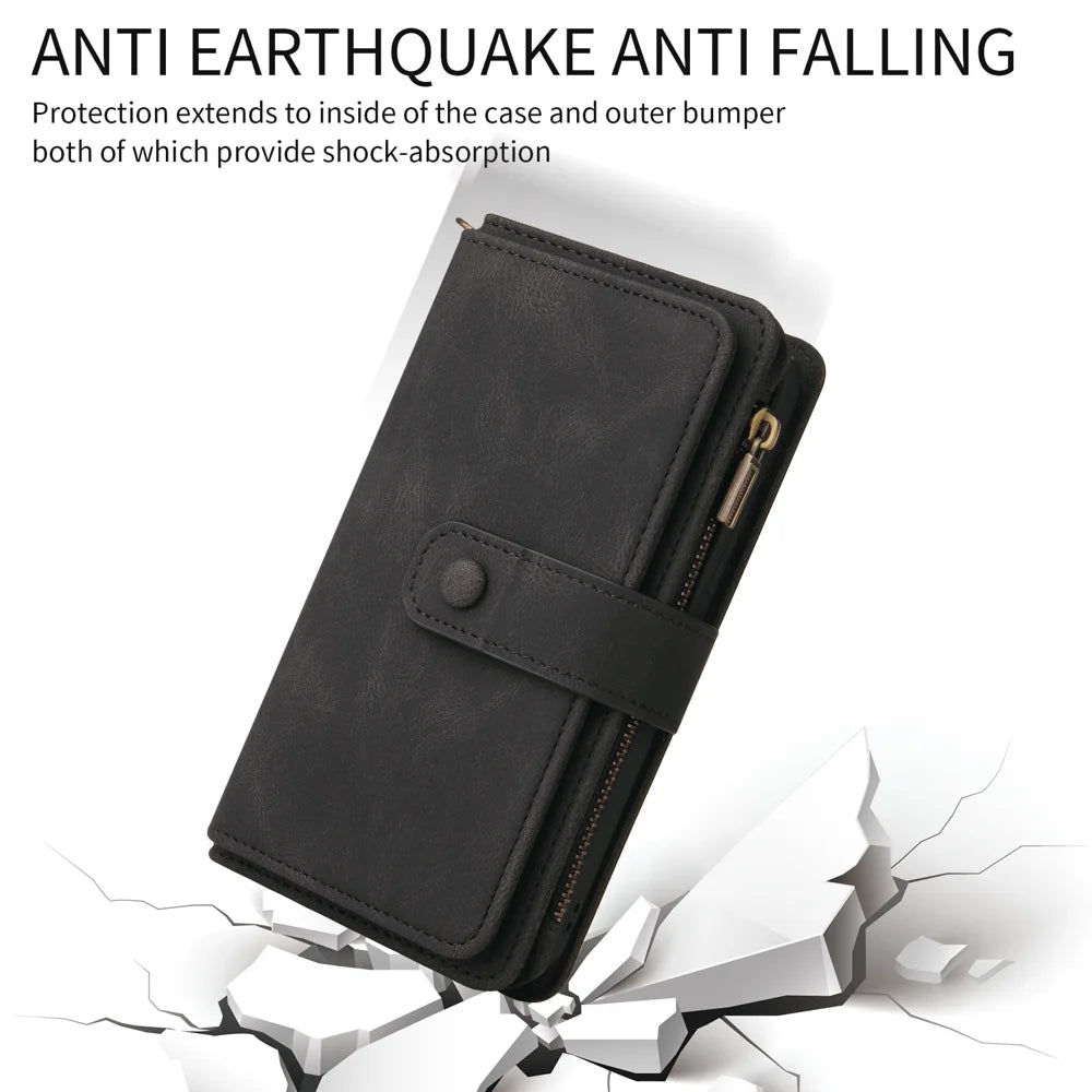 For iPhone Air Zipper Wallet Case with 15 Card Slots and Strap Leather Phone Cover - Black - 4