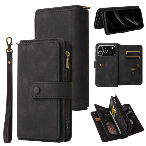 For iPhone 18 Pro / 17 Pro Zipper Wallet Case with 15 Card Slots and Strap Leather Phone Cover - Black - 1